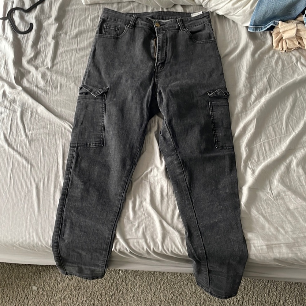 Faded black high waisted cargo jeans